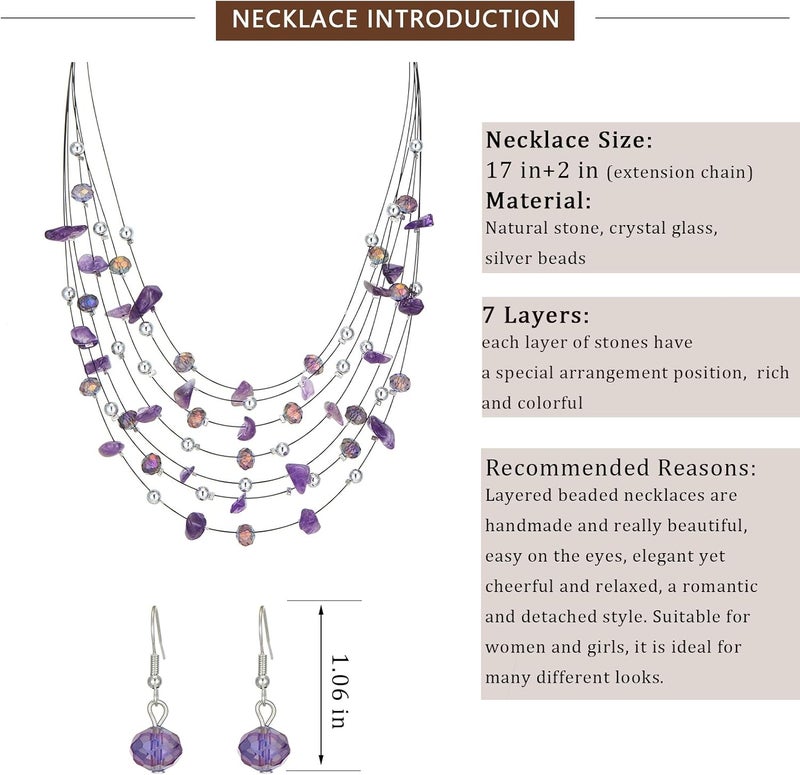 Errally Store Multi-Layer Boho Shell Beaded Necklace for Women Colorful Crystal Strand with Silver Beads Statement Collars Necklace and Earrings Costumes Jewelry Sets for Women - Image 5